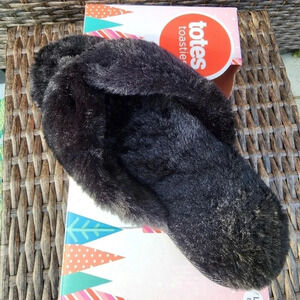 Totes Slippers Flip Flop Faux Fur Thong Memory Foam Black Flats Sandals  size 8